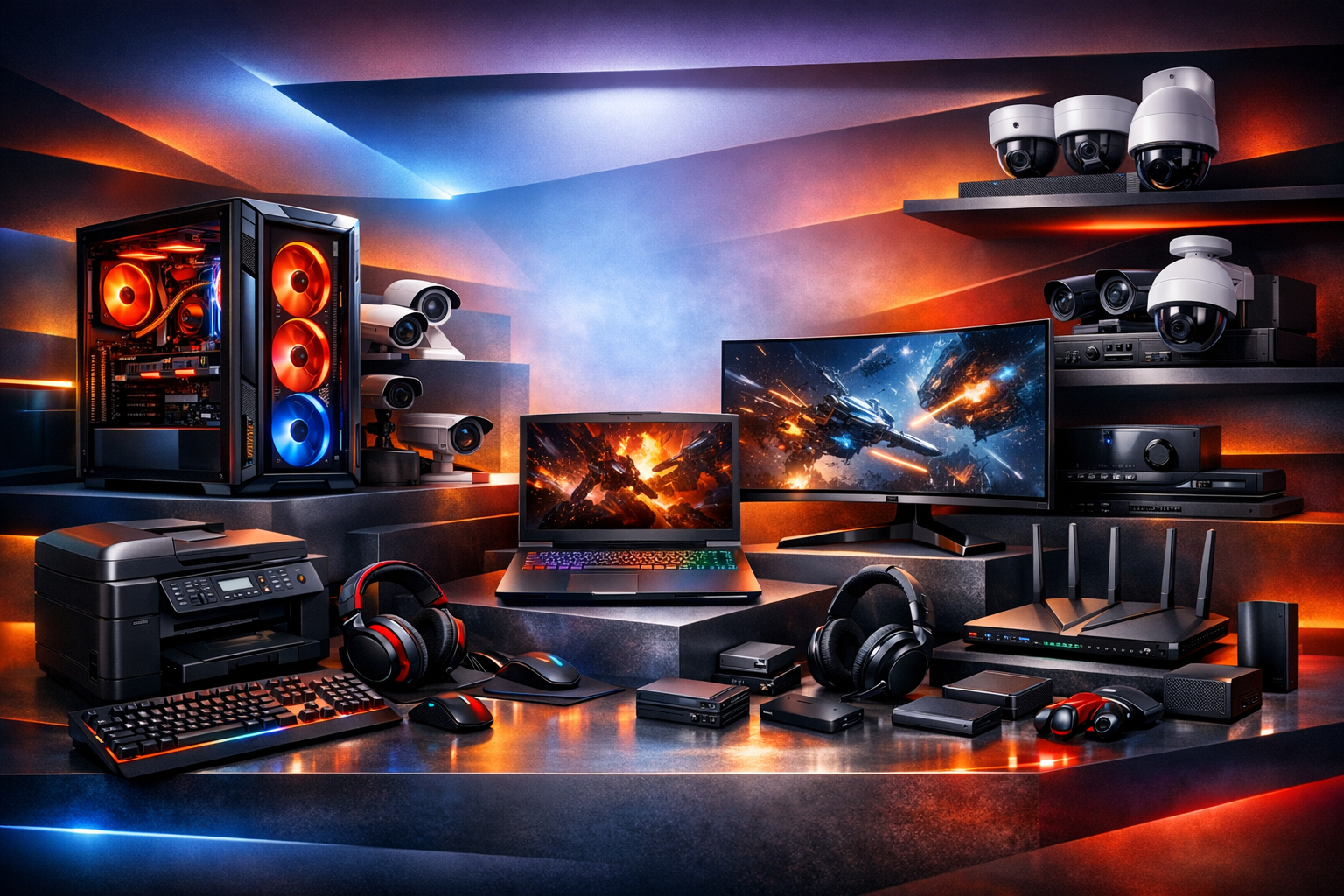 Wide range of computer hardware products in a vibrant display